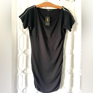 Black Short Sleeve Sheath Dress with Shoulder Zipper Detail